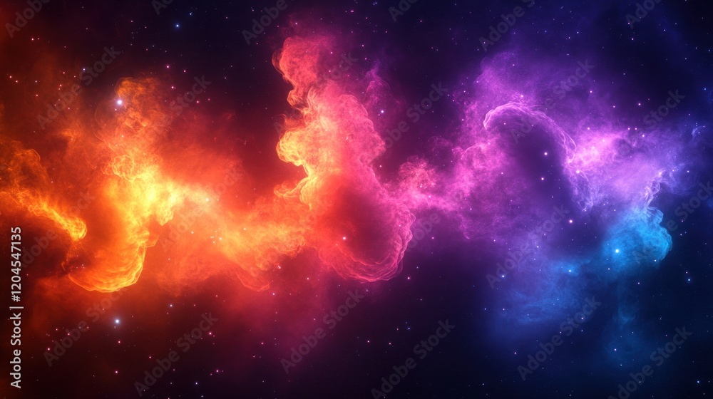 Naklejka premium Vibrant cosmic nebula swirling with orange, purple, and blue hues against a starry background