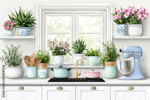 Wallpaper Mural bright and inviting kitchen scene featuring potted plants, flowers, and kitchenware. window allows natural light to illuminate space, creating warm atmosphere Torontodigital.ca