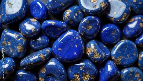 Closeup view of many round lapis lazuli gemstones. Natural texture and shiny surface. Blue color with gold inclusions. High quality mineral stones. Abstract background design. Natural beauty. photo