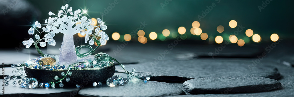 Fototapeta premium Sparkling Crystal Tree Zen Decor Spiritual Glowing Lights Mystical Handmade Crafts Relaxation Peace
