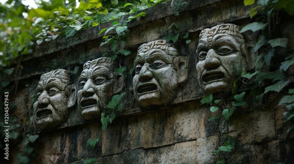 A hidden temple within the jungle, dating back to pre-Columbian times, is associated with the Maya, Inca, or Aztec cultures. It displays a deity carved into the stone, with an open mouth acting as A hidden temple within the jungle, dating back to pre-Columbian times, is associated with the Maya, Inca, or Aztec cultures. It displays a deity carved into the stone, with an open mouth acting as