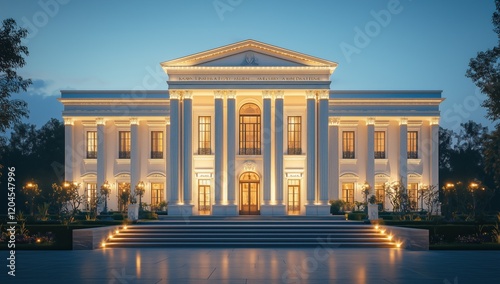 A large white building with symmetrical design, luxurious exterior, bright lights, and ornate landscaping.