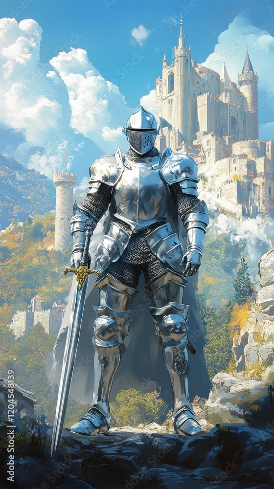 Naklejka premium A knight in shining armor stands before a majestic castle, sword at his side.