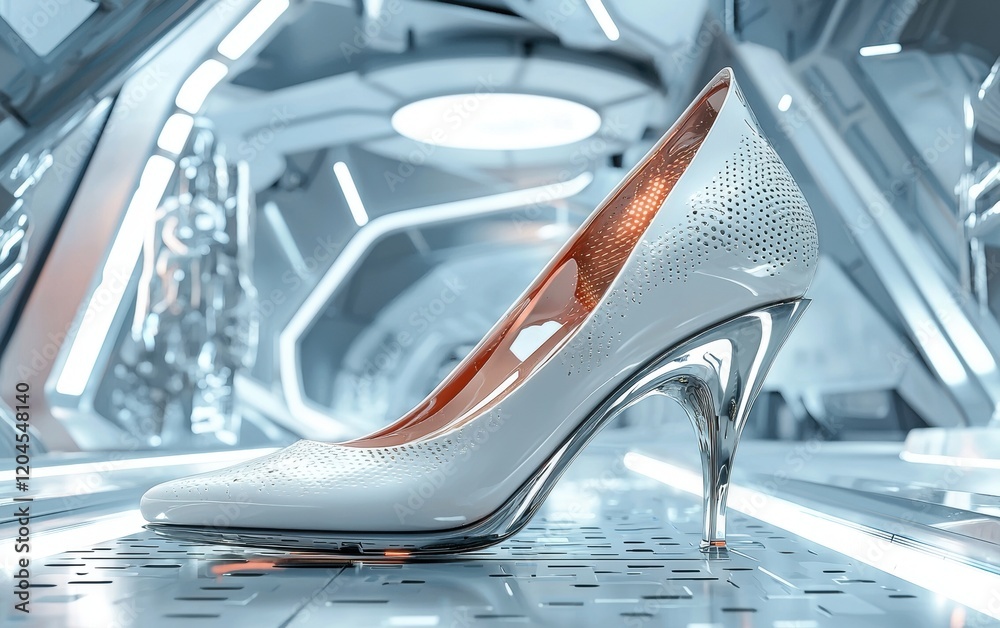 Obraz premium Designer high-heeled shoe with a sculptural heel displayed in a futuristic setting