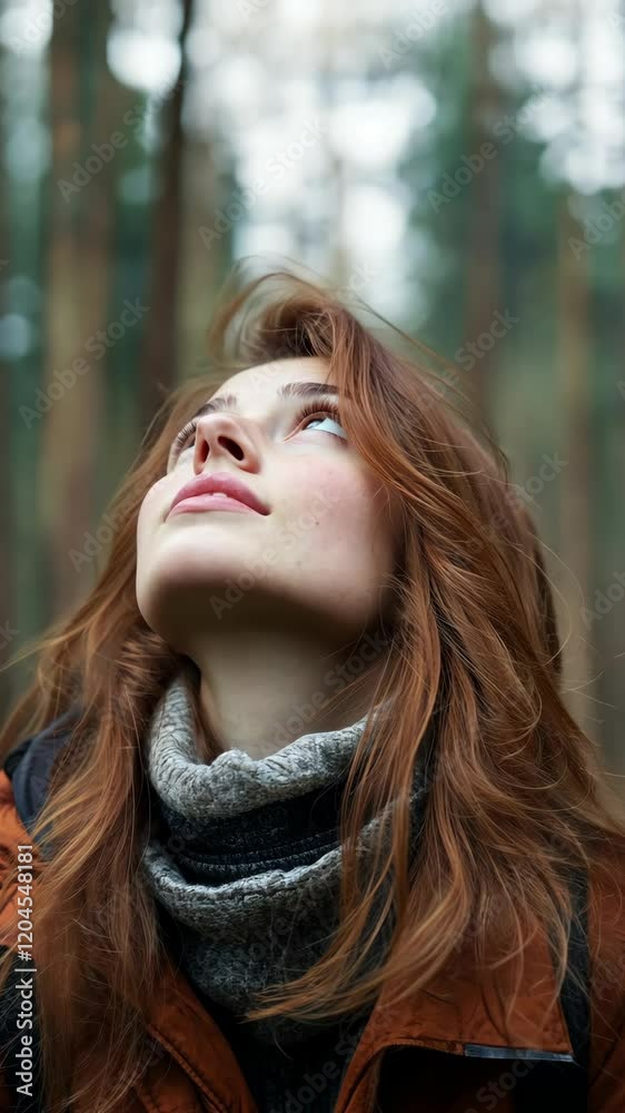 Woman gazing upwards in a serene forest setting during an overcast day in autumn exploring nature's beauty