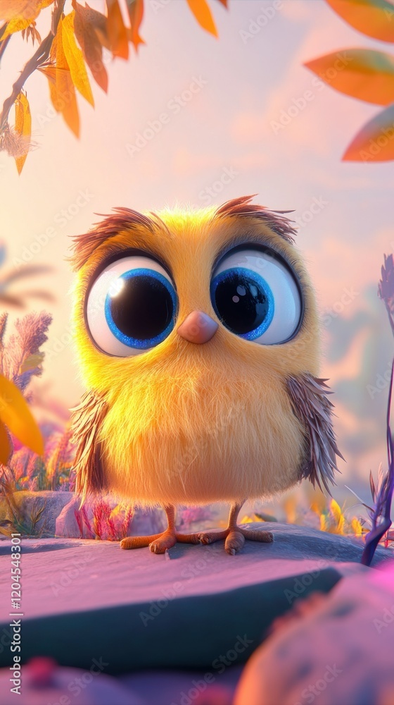 Naklejka premium Adorable fluffy yellow owlet with big blue eyes, perched on a rock in a vibrant garden at sunset.
