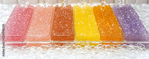 Vibrant Colored Hydrogel Beads in Glass Containers: A Colorful Abstract Background Image photo