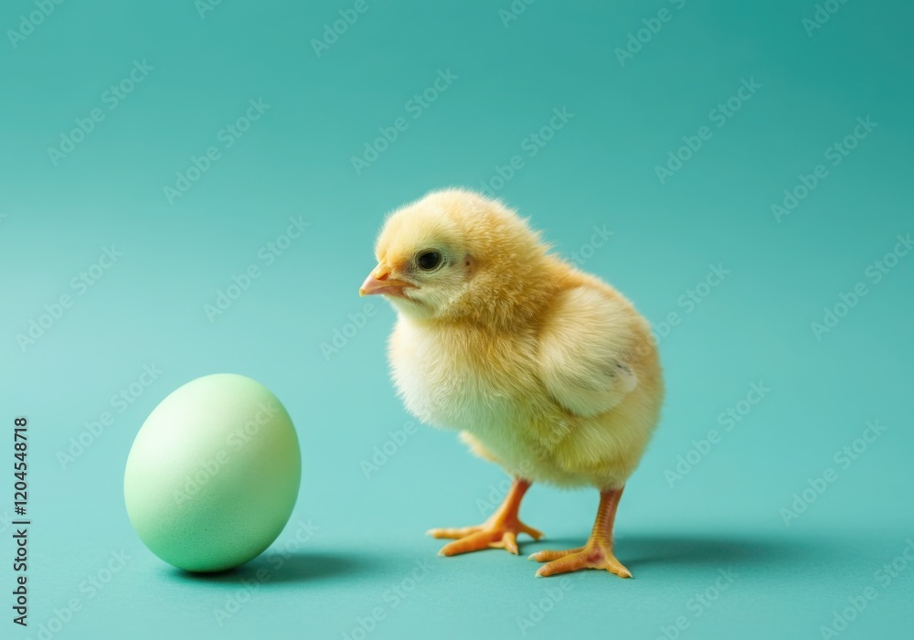 Small yellow chick standing next to a green egg on a turquoise background, representing easter and new life Small yellow chick standing next to a green egg on a turquoise background, representing easter and new life
