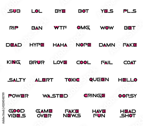 Geometric Korean tv text emotes collection black. Can be used for Twitch, Discord, YouTube. Graphic conversational text elements illustration set 