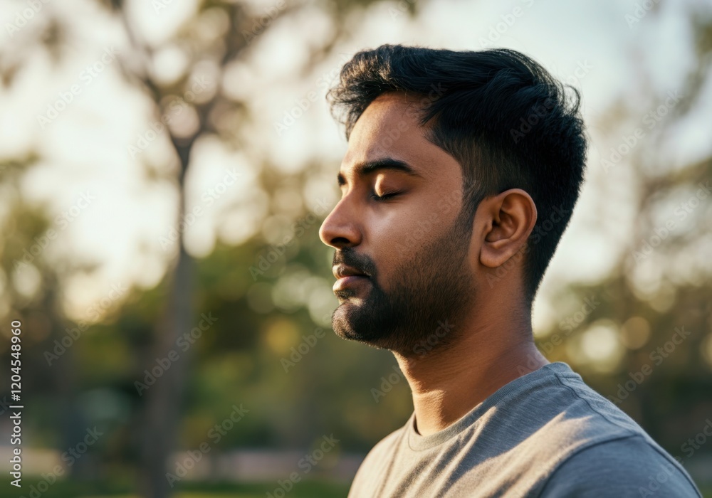 Young man enjoying a moment of mindfulness, meditating in a peaceful outdoor setting Young man enjoying a moment of mindfulness, meditating in a peaceful outdoor setting
