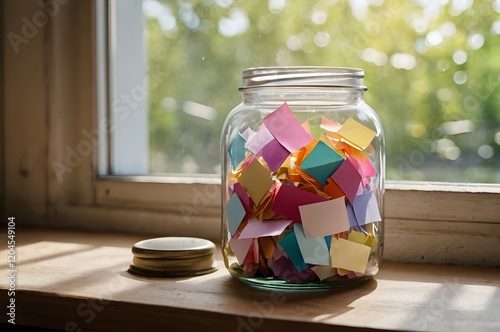 Vintage-Inspired Image of a Glass Jar with Vibrant Paper Slips, Bathed in Soft Natural Light