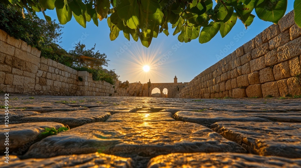Fototapeta premium The sunrise at the Wailing Wall in Jerusalem offers a realistic and awe-inspiring view of this historically important Jewish site, the Western Wall, where ancient prayer rituals occur around the