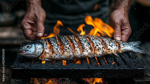 a high-resolution photo of A contestant roasting fish over an open flame. isolated on color background, photorealistic, ultra-sharp focus, clear details, studio lighting, natural colors, realistic