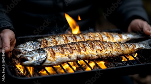 a high-resolution photo of A contestant roasting fish over an open flame. isolated on color background, photorealistic, ultra-sharp focus, clear details, studio lighting, natural colors, realistic