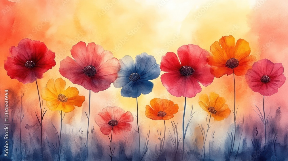 Obraz premium Vibrant watercolor painting of colorful flowers in a serene landscape during sunset