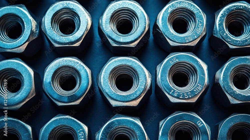 Close-up of multiple metallic hex nuts arranged in rows on a dark blue background.