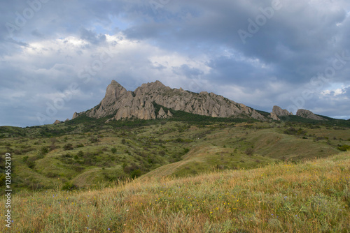 Beautiful view of Mount Suryu-Kaya and the foothills of Karadag in Crimea on a cloudy day.