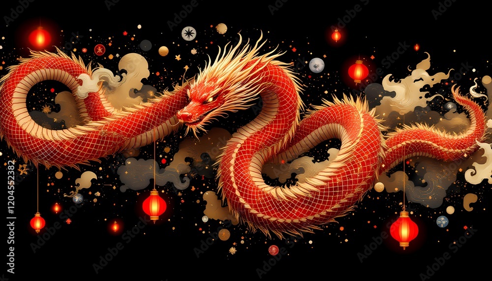Fototapeta premium Majestic Red Dragon with Festive Lanterns