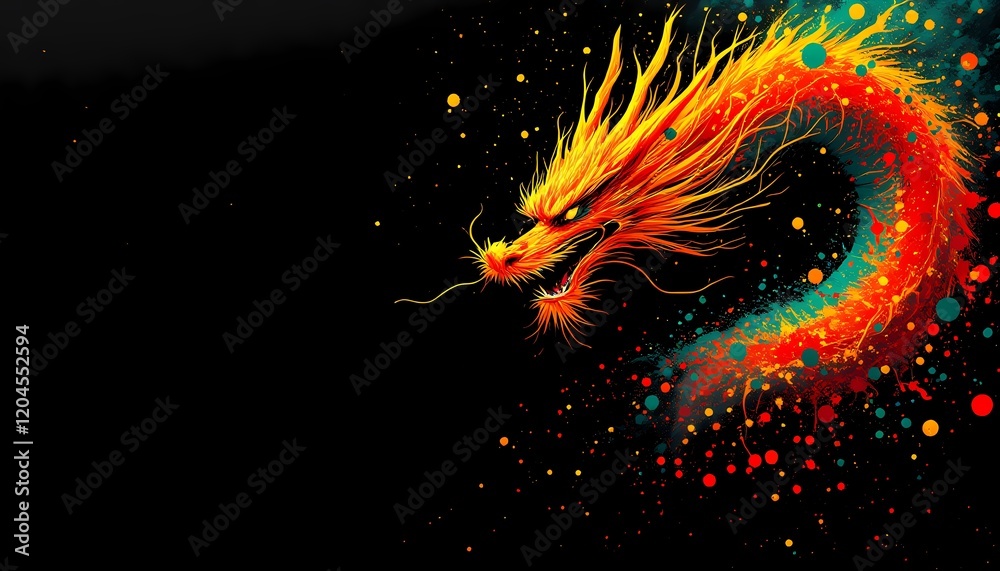 Fiery Dragon with Abstract Splashes on Black Background Fiery Dragon with Abstract Splashes on Black Background