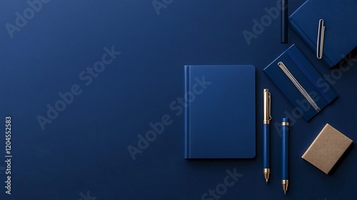 Elegant Blue Notebook Stationery Mockup Flatlay