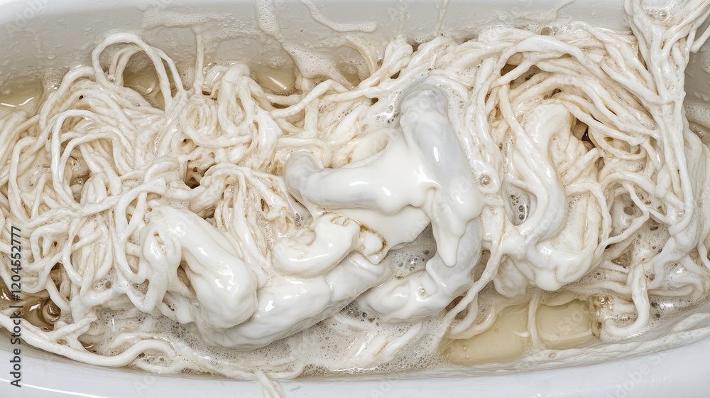 A bathroom sink drain covered with toothpaste buildup and tangled hair causing slow drainage A bathroom sink drain covered with toothpaste buildup and tangled hair causing slow drainage