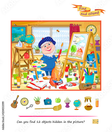 Can you find 12 objects hidden in the picture? Logic puzzle. Search and find  game. Illustration of a funny artist painting in his art studio. Page for kids brain teaser book. Flat vector drawing.