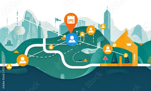 Colorful illustration of urban connectivity and lifestyle elements