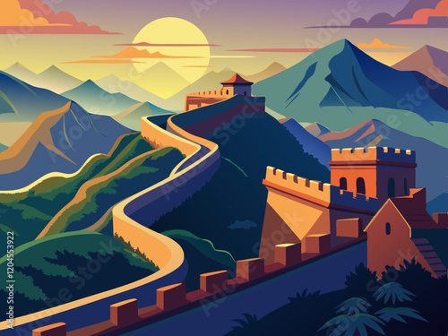 A scenic view of the Great Wall winding across mountains during sunrise.