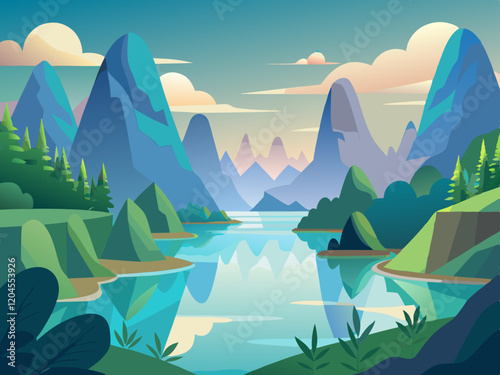 A serene view of Guilin’s karst mountains with a calm river reflecting the peaks.