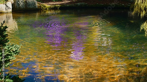 Purple Flowers Reflection in Calm Pond Water