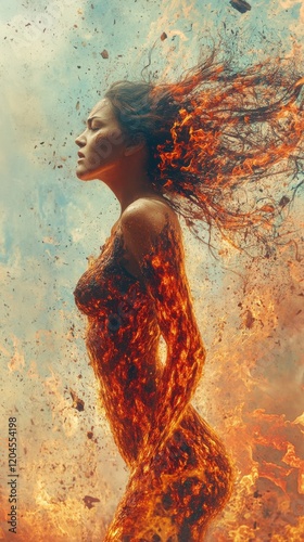 A striking portrayal of a woman enveloped in flames, symbolizing passion and strength, creating a captivating blend of fire and movement that draws the viewer in.