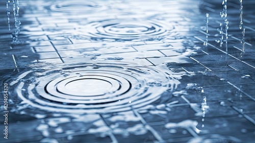 A clogged shower drain causing water to back up and flood the bathroom floor tiles