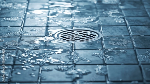 A clogged shower drain causing water to back up and flood the bathroom floor tiles