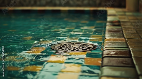 A clogged shower drain surrounded by wet tiles and visible soap residue, water pooling around it photo