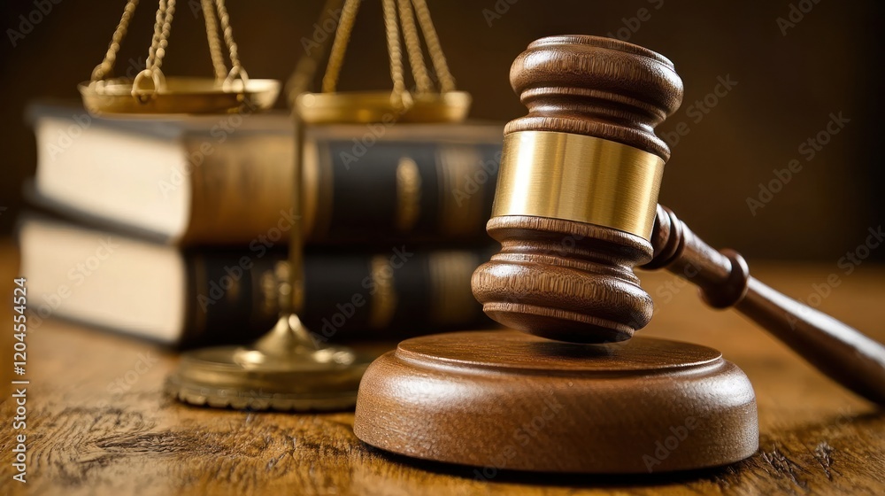 Justice system representation with a gavel, scales, and law books on a wooden table background Justice system representation with a gavel, scales, and law books on a wooden table background