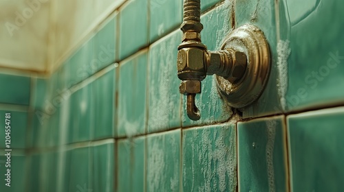 A close-up of a leaking shower nozzle with calcification buildup on its surface photo