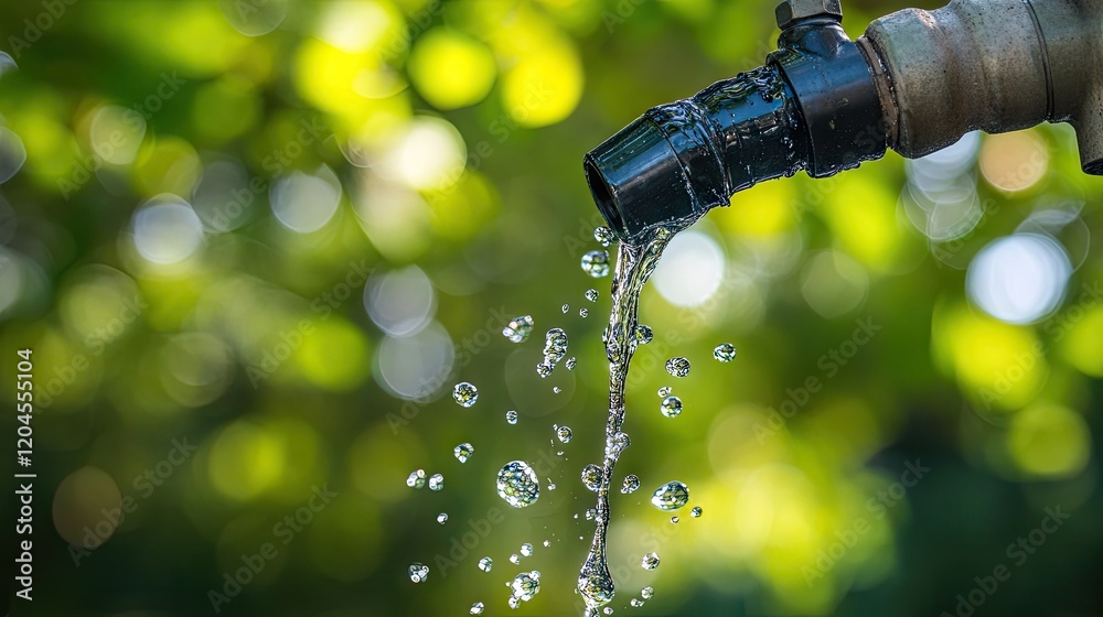 A close-up of droplets forming on the end of a leaking nozzle, with a blurred green background A close-up of droplets forming on the end of a leaking nozzle, with a blurred green background