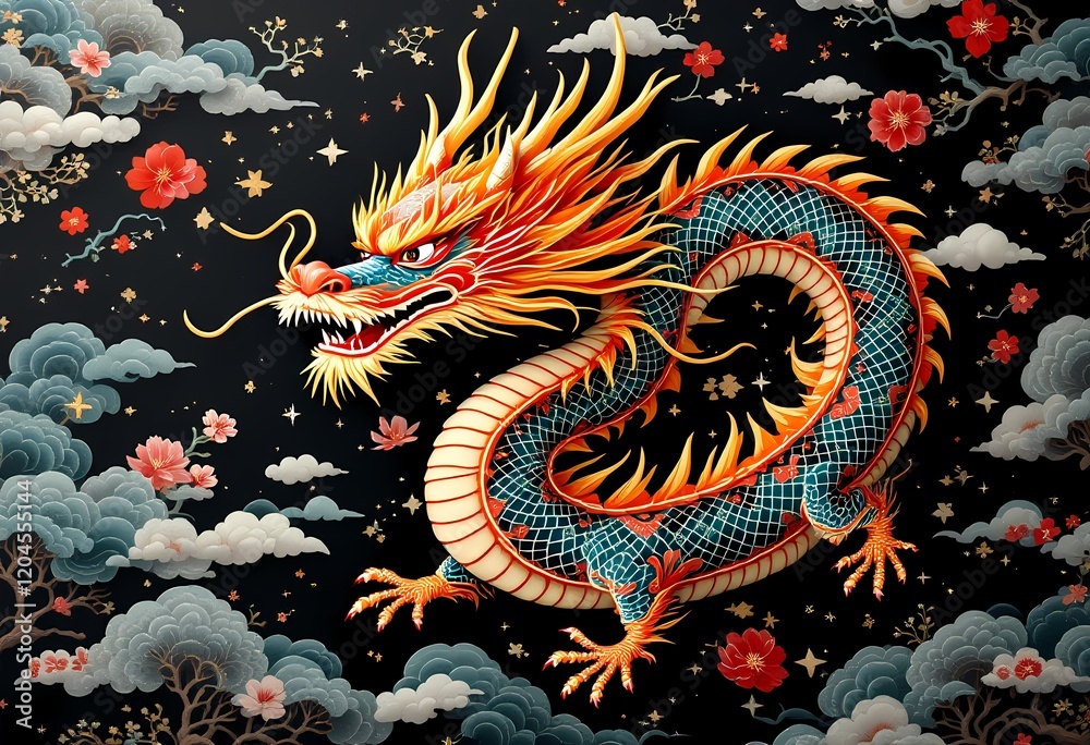 Fototapeta premium Majestic Chinese Dragon Design on a Black Background