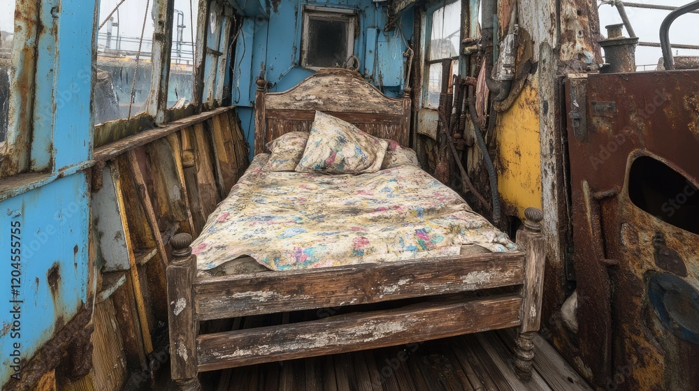 Obraz premium A decayed wooden bed frame on the deck of a derelict ship, surrounded by rusting metal