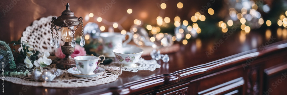 Cozy Winter Tea Party Festive Table Setting with Antique Lamp Decor Cozy Winter Tea Party Festive Table Setting with Antique Lamp Decor