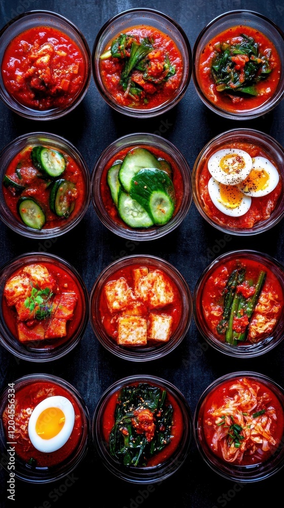 An appealing array of traditional dishes beautifully served in glass bowls, displaying vibrant colors and textures of fresh ingredients, showcasing a rich culinary experience. An appealing array of traditional dishes beautifully served in glass bowls, displaying vibrant colors and textures of fresh ingredients, showcasing a rich culinary experience.