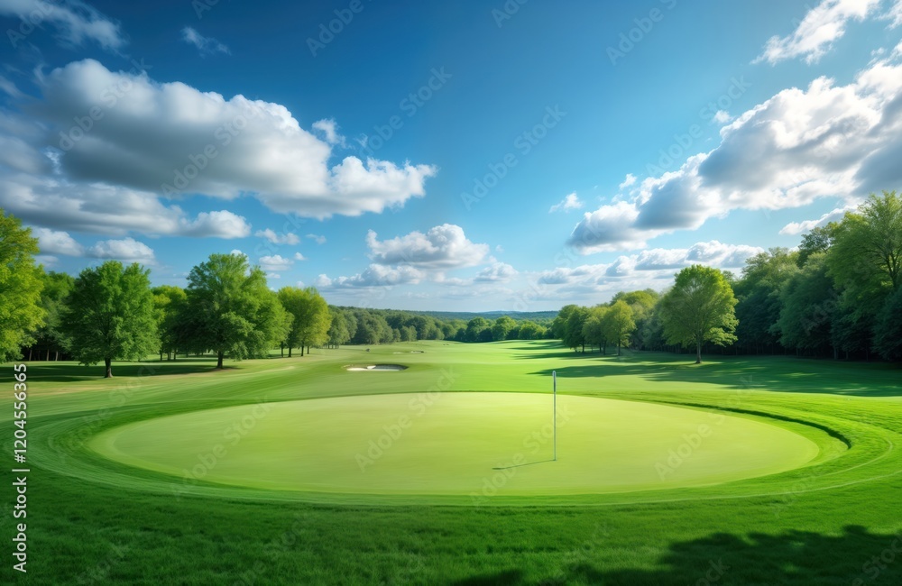 Scenic golf course on a sunny day. Rich green grass. Trees line the fairways. Beautiful sky with fluffy white clouds. Peaceful and tranquil outdoor scene. Perfect summer or spring day for golf. Scenic golf course on a sunny day. Rich green grass. Trees line the fairways. Beautiful sky with fluffy white clouds. Peaceful and tranquil outdoor scene. Perfect summer or spring day for golf.