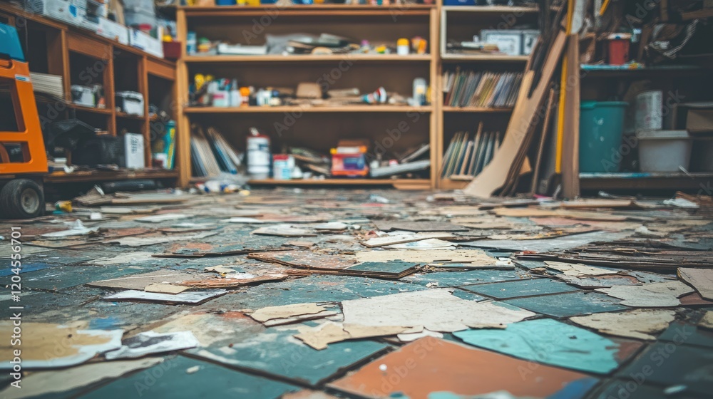 Obraz premium A garage floor with broken tiles, spilled paint, and a cluttered shelving unit in the background