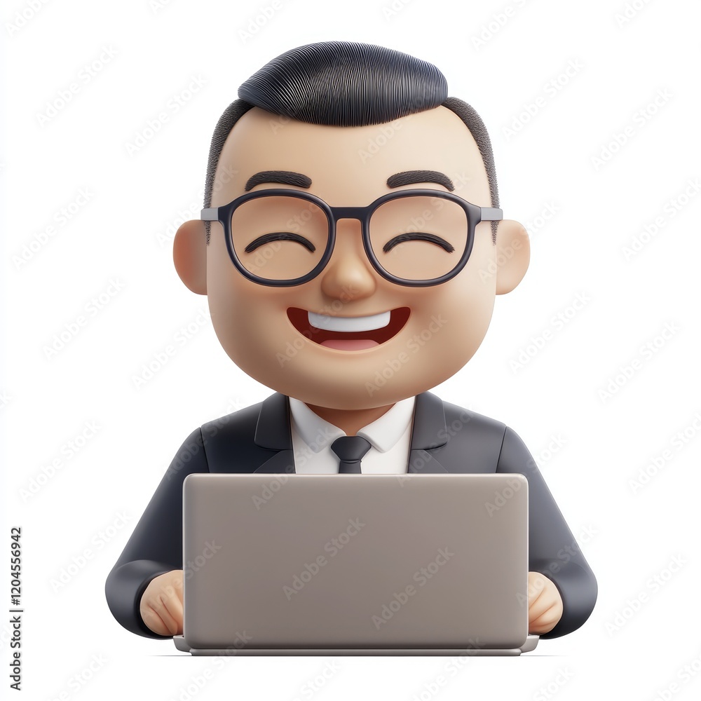Middle-aged Asian man with glasses using laptop and smiling in a formal blazer on a white background Middle-aged Asian man with glasses using laptop and smiling in a formal blazer on a white background