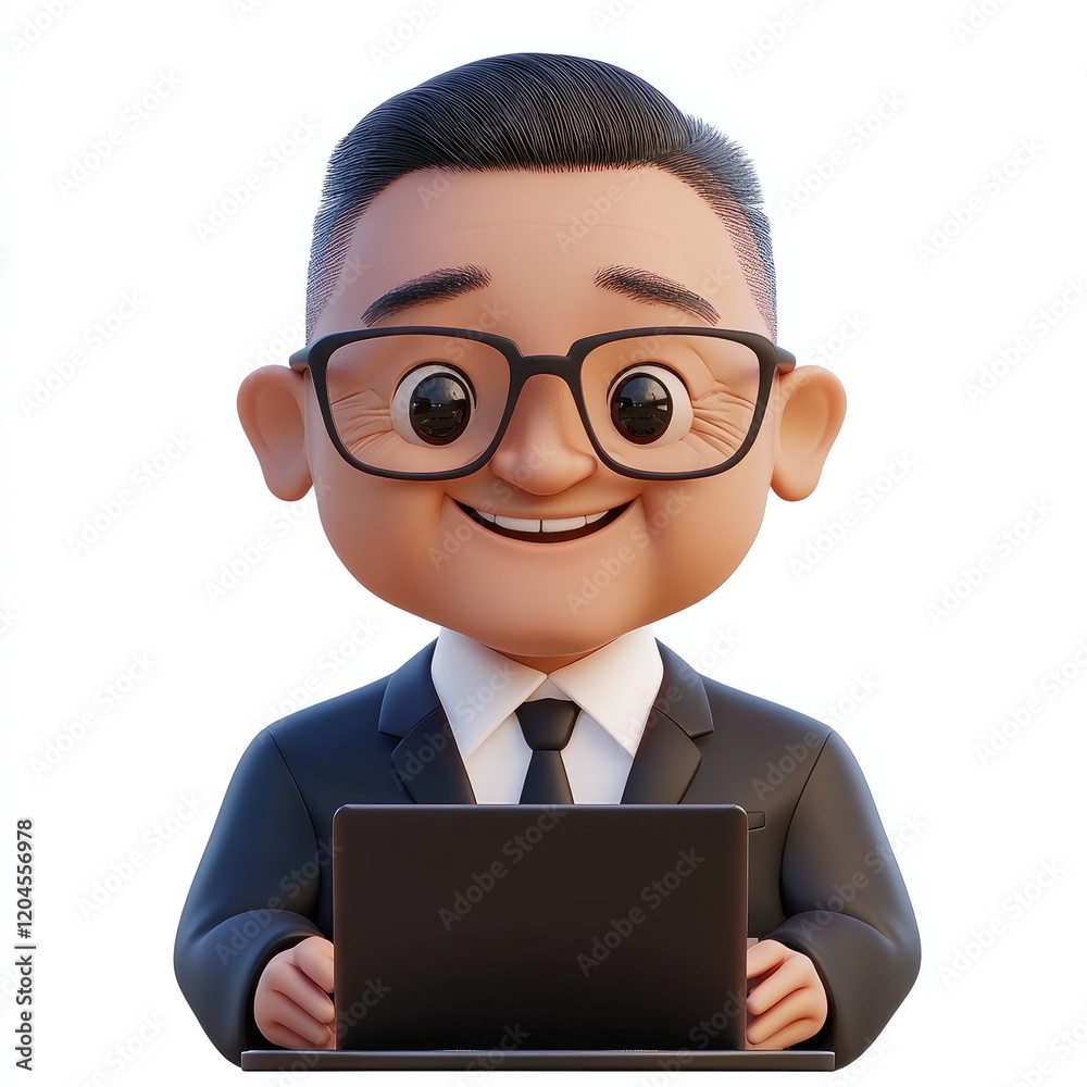 Middle-aged Asian man with glasses smiling while using laptop in formal blazer on white background Middle-aged Asian man with glasses smiling while using laptop in formal blazer on white background