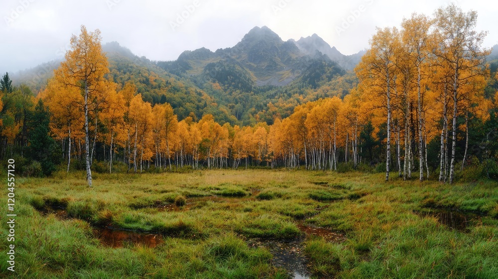 Autumnal mountain landscape, golden birch forest, misty meadow, serene nature scene, travel photography Autumnal mountain landscape, golden birch forest, misty meadow, serene nature scene, travel photography