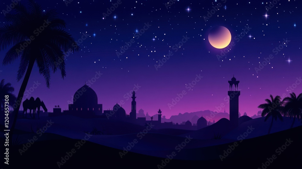 Naklejka premium Night desert landscape with mosque silhouette under starry sky and crescent moon.