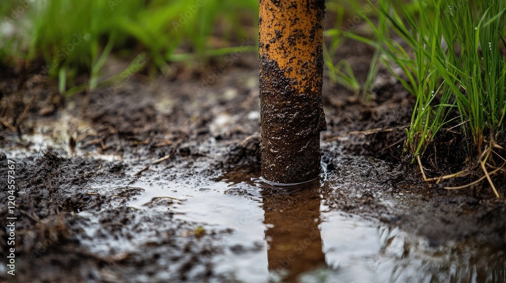 A garden tap leaking water onto dry soil, creating a small puddle surrounded by grass A garden tap leaking water onto dry soil, creating a small puddle surrounded by grass