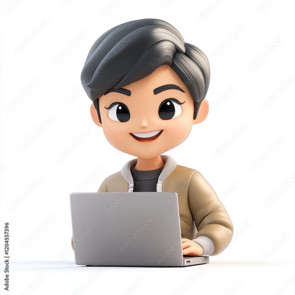 Young Asian woman with pixie cut engages in typing on laptop in a lively digital workspace Young Asian woman with pixie cut engages in typing on laptop in a lively digital workspace