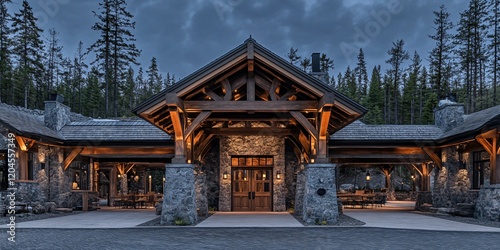 Majestic Mountain Lodge Entrance at Dusk, Stone and Timber Architecture